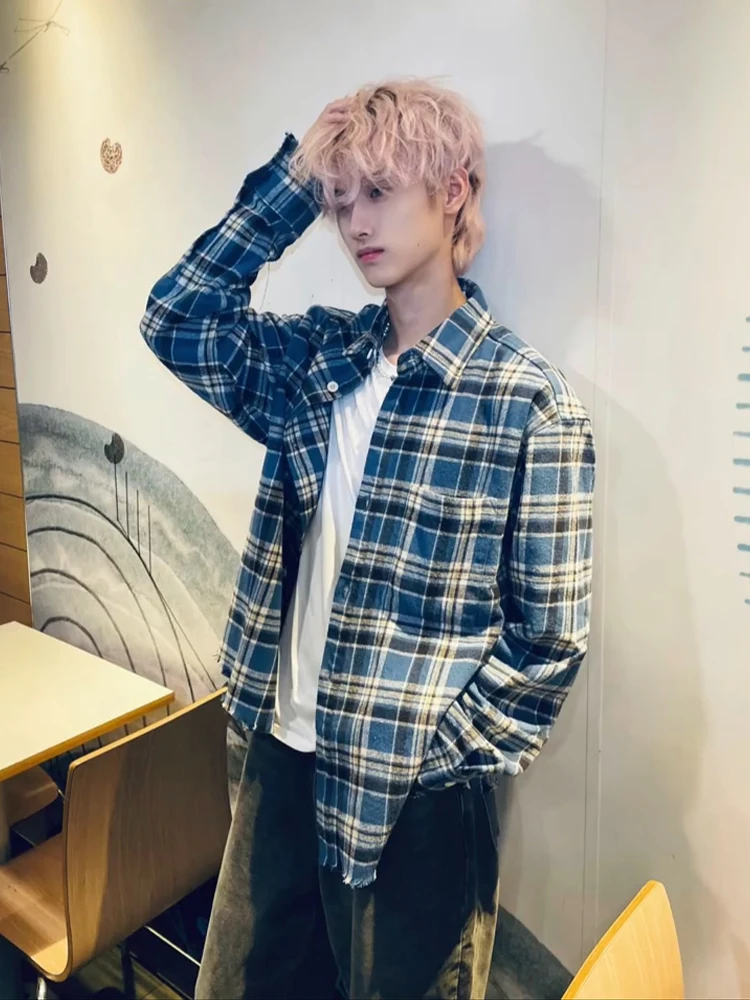 

Vintage Plaid Long Sve Men's irt Couple Outerwear Spring Autumn American Retro Stripes Design Breathable Moisture ng