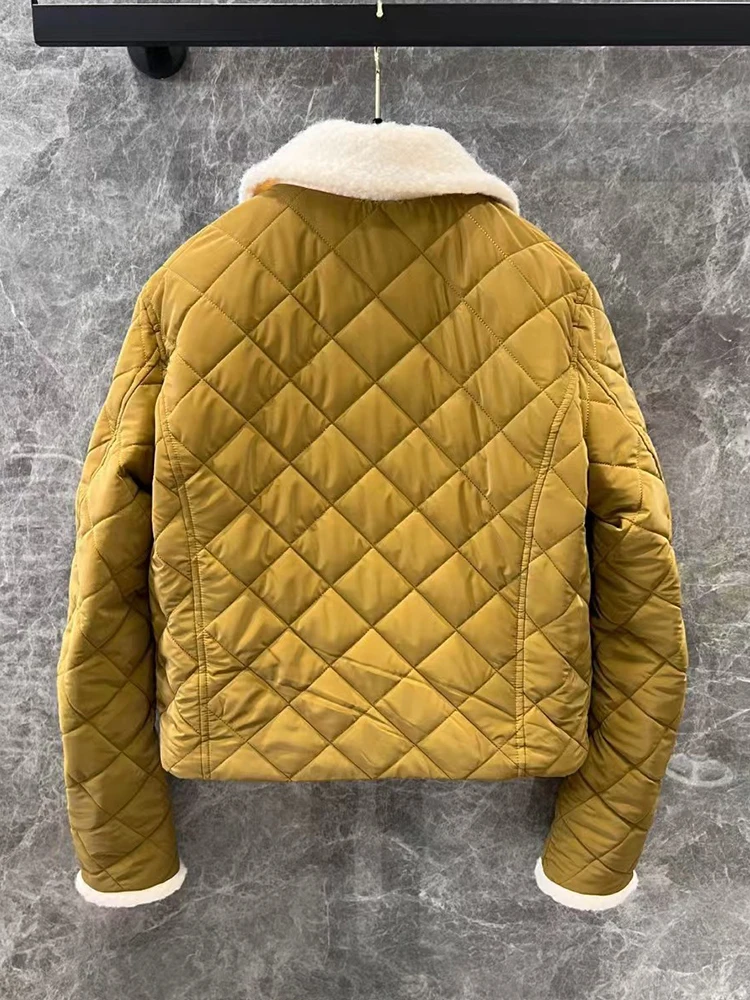 Vintage diamond checked lamb wool cotton lapel cotton-padded jacket 2024 winter women's new fashion all-match cotton jacket