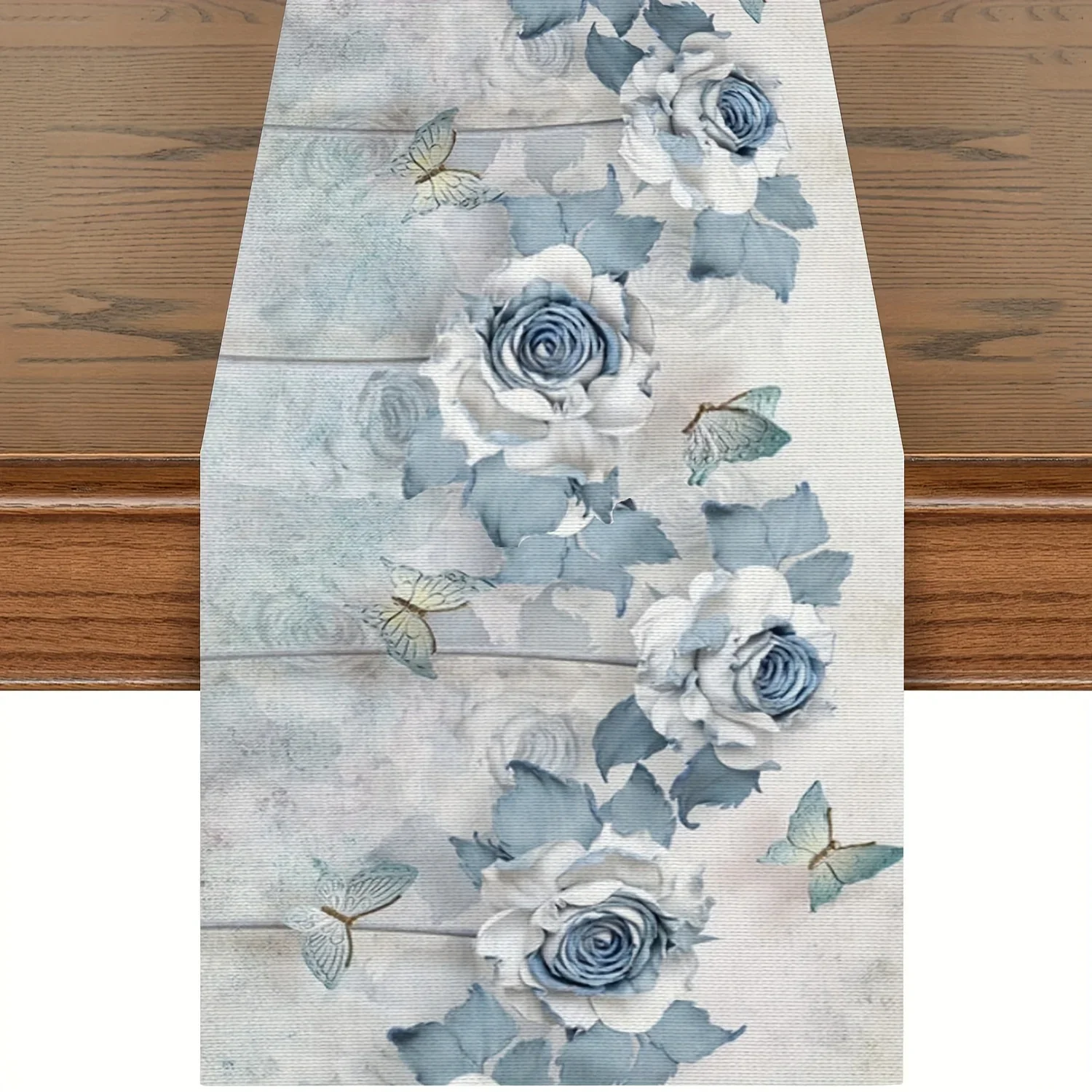 Summer Blue Flowers Butterfly Linen Table Runners Farmhouse Home Holiday Wedding Party Decor Washable Kitchen Dining Table Decor