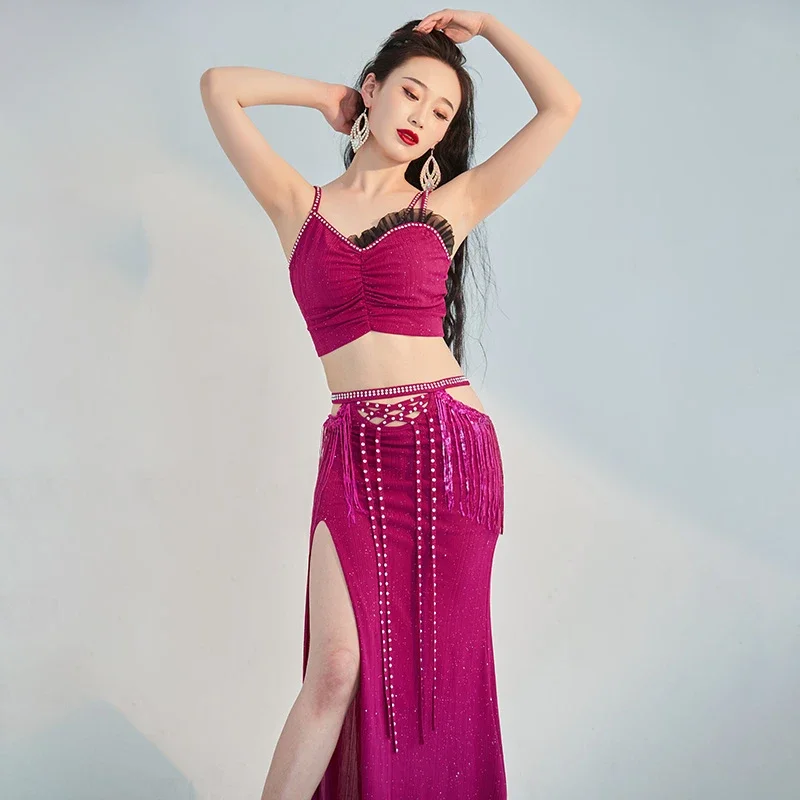 Belly Dance Costume Set Women Vest Top+Split Long Skir Oriental Dancing Training Suit Eastern Belly Dance Performance Outfit