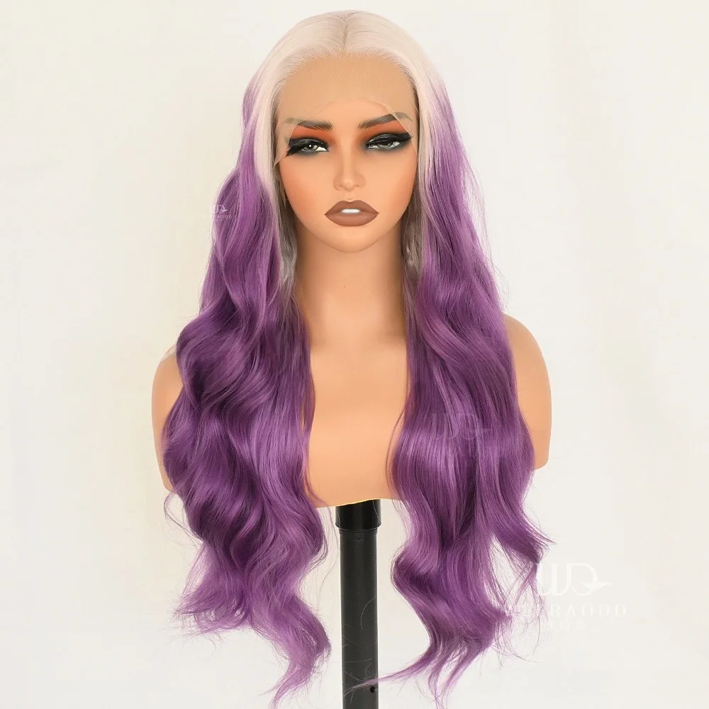 28Inch Body Wave Ombre Purple Lace Front Wig 13x4 Lace Frontal Glueless Heat Resistant Synthetic Dark Roots Lavender Cosplay Wig