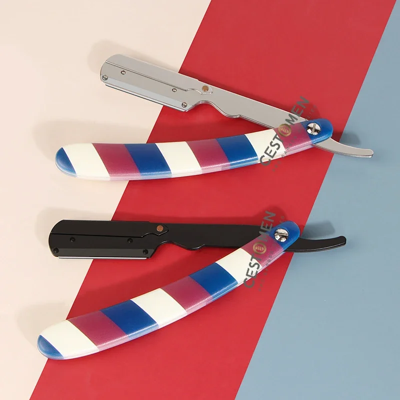 มีดโกนหนวดแบบแมนนวลสำหรับผู้ชายใหม่ล่าสุดด้ามจับลายทางแบบมืออาชีพเครื่องมือโกนหนวดกำจัดขนเครื่องมือที่โกนหนวดพับขอบตรง