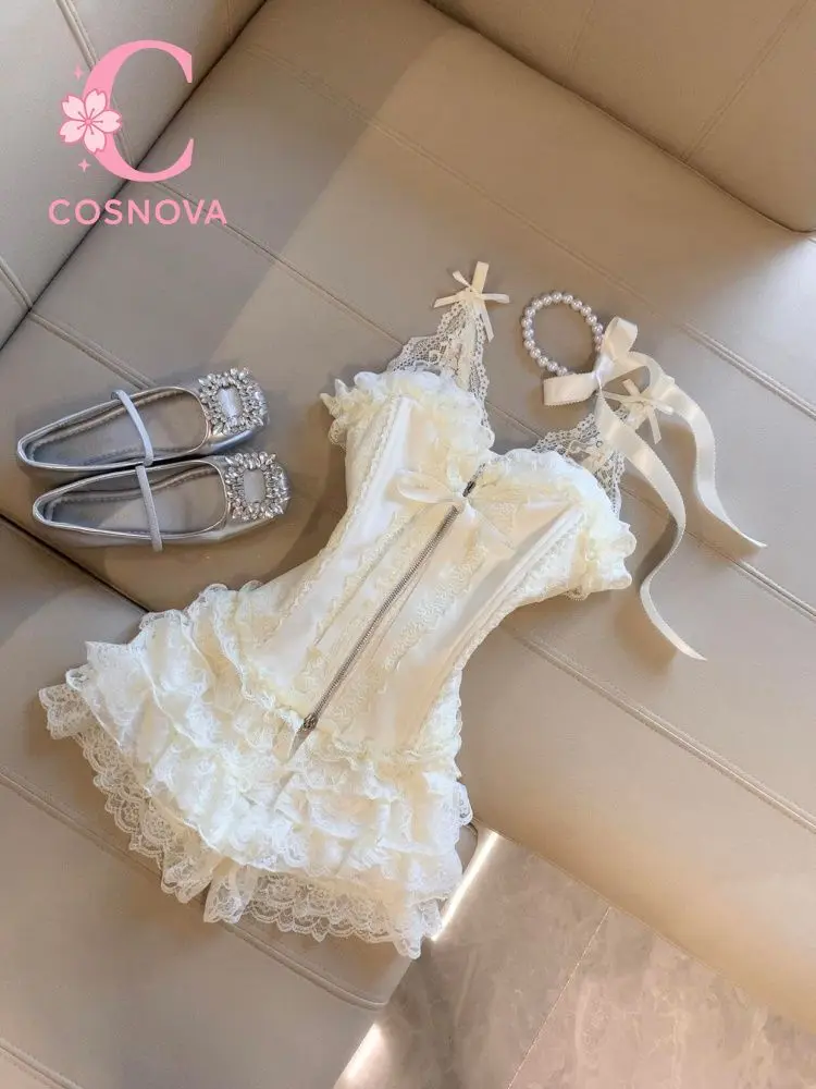 Cute Desire Lace Bustier Top High Waist Mini Cake Skirt Set Sexy Corset Cami Winter Outfit Ruffled Tulle Two Piece Lolita Style