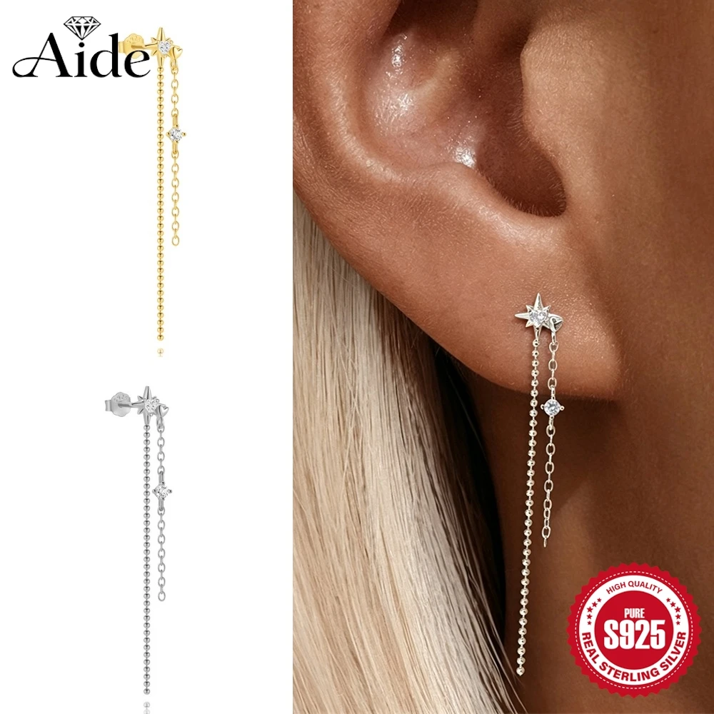 AIDE 1Pc 925 Sterling Silver Eight Pointed Star/Heart CA Zirconia Women's Round Beads Link Chain Piercing Jewelry Birthday Gifts