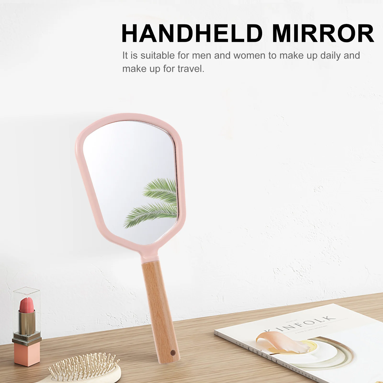

1Pcs Handheld Makeup Mirror Portable Solid Wood Handle Elliptical Mirror High Definition Makeup Accessory Travel Use