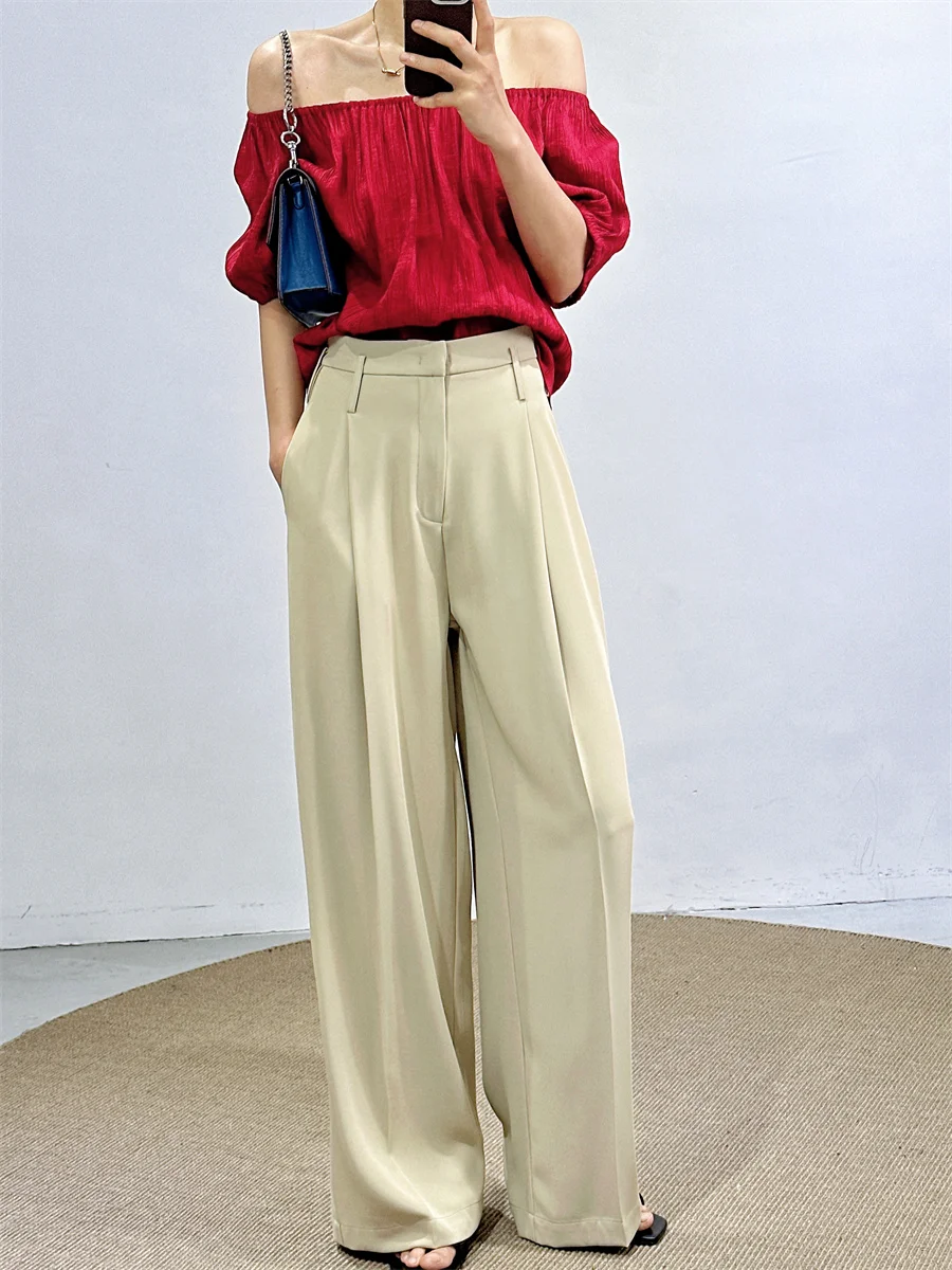 

Новые летние женские брюки-костюм прямого кроя для офиса, драпированные, свободные, дышащие, широкие, с высокой талией, длинные, стройнящие