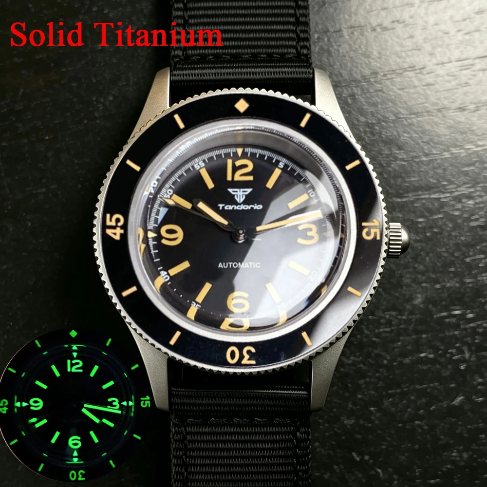 Vintage Solid Titanium Case Tandorio Miyota 8215 Mechanical 20ATM Swim Dive Watch Men AR Domed Sapphire Luminous Black Dial