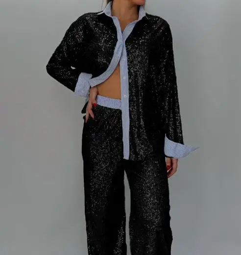 

2025 autumn and winter new women's fashionable loose casual sequined suit jacket wide leg pants two-piece set