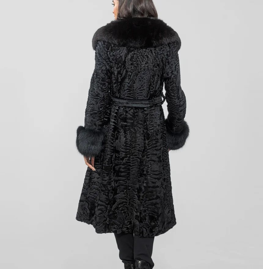 Women's Long Karaku Fur Coat with Fox Fur Collar, Warm and Fashionable in Winter, New