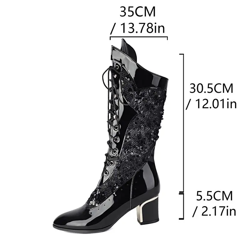 

Girseaby Fashion Bling Female Boots Pointed Toe Block Heels 5.5cm Lace Up Breathable Mesh Plus Size 42 43 Party Sexy Shiny Bota