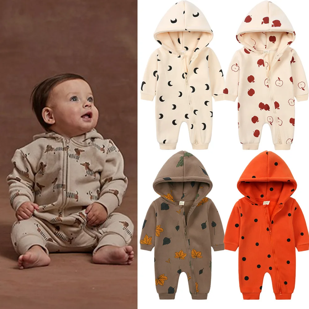

Newborn Baby Spring Clothes Hooded Romper Suit Baby Clothes Long Sleeve Fleece Infant Toddler Clothes for Crawling Babies