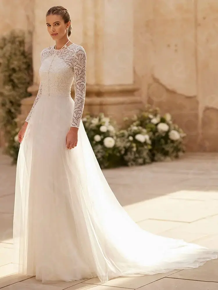 Customized Gorgeous Two Pieces Wedding Dresses 2025 Bridal Gowns Long Sleeves Bride Dresses Round Neck Wedding Gowns with Coat