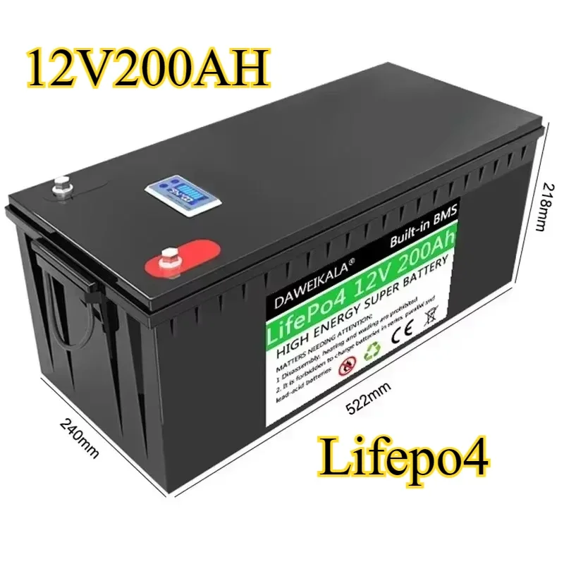 12V 200Ah LiFePO4 battery with built-in BMS, suitable for solar power generation system, RV, camping car, golf cart