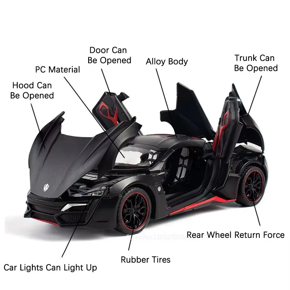 1:24 Scale Lykan Cobra Car Model Toy Music Light Pull Back Doors Opened High Simulation Cars Models Hobby Gifts for Boys