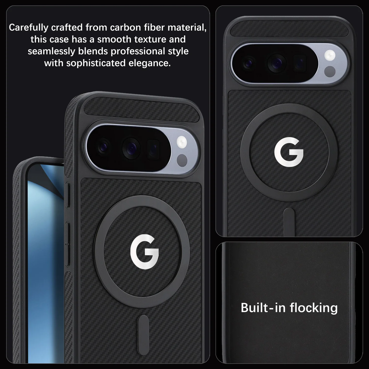 Hochwertige Handyhülle aus Kohlefaser-Texturleder für Google Pixel 10 9 ProXL 10A 9A, kompatibel mit MagSafe Wireless Charger, stoßfeste Abdeckung. – Detail 2
