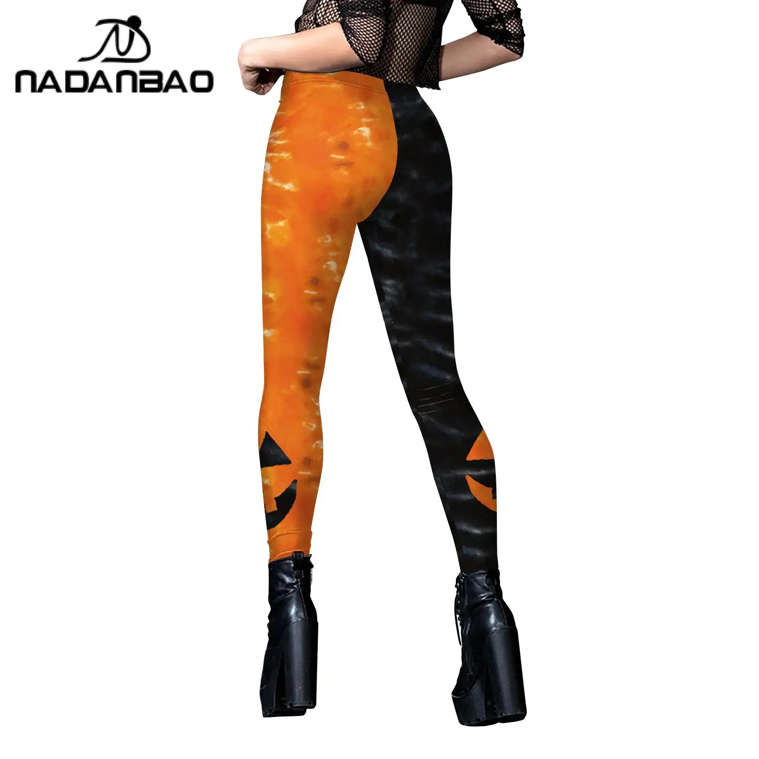 Nadanbao Halloween Women\'s Tight Pants Black Orange Pumpkin Smiling Face 3D Digital Printing Sports Fitness Yoga Leggings