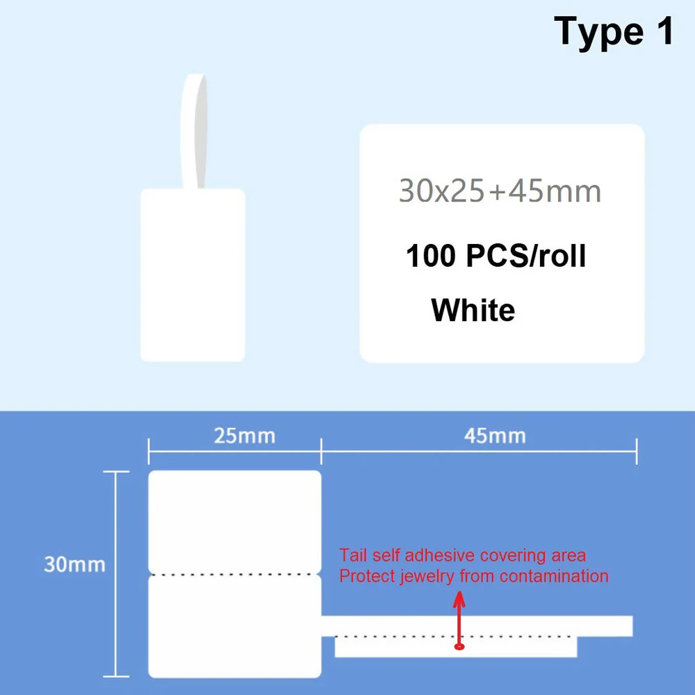 100pcs/Roll Self-adhensive Label Paper 30x25+45mm Jewelry Price Tag White Thermal Blank Labels Direct Print for Jewelry/Sunglass