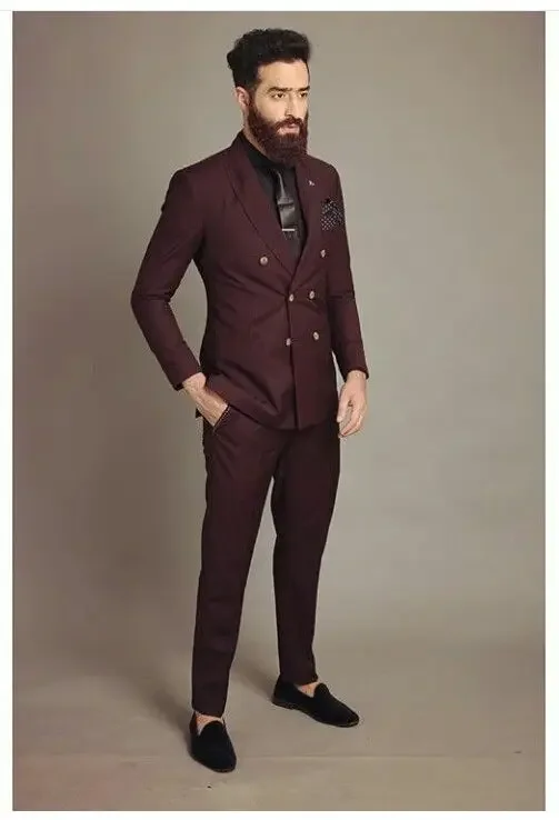 Burgundy Smart Business Men Suit Double Breasted Wedding Suits For Men Slim Fit 2 Piece Tuxedo Custom Groom Prom Terno Masculino