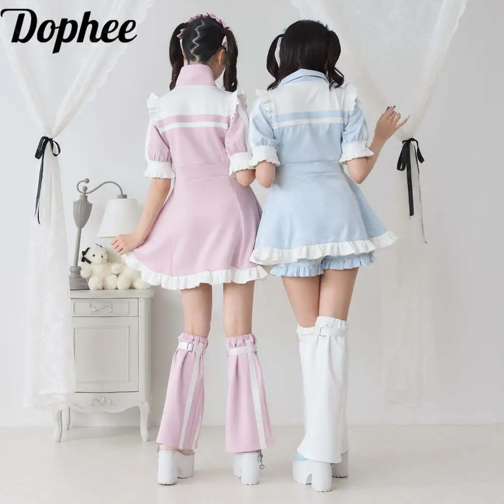 Dophee Japanese Summer Women Short Sleeve Dress Subculture Y2k Cute Ruffles Love Buckle Zip Stand Collar Super Mini Lolita Dress