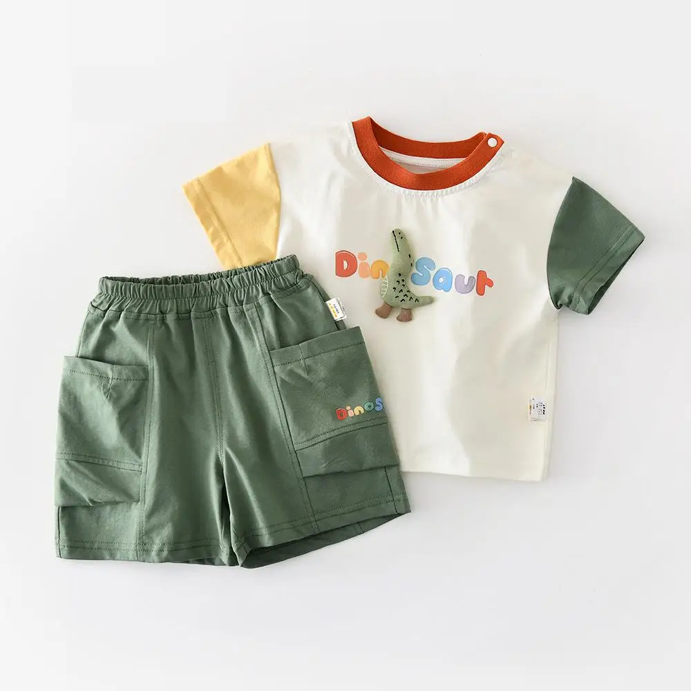 

2026 Summer New Baby Short Sleeve Clothes Set Infant Boy Dinosaur Print T Shirts + Shorts 2pcs Suit Cute Toddler Girl Outfits