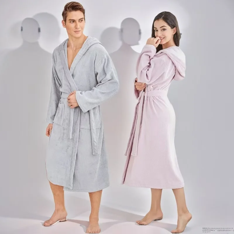 Men's Robe Cotton Winter Long Bathrobe Lovers Warm Lengthened Hooded White Bath Robe Long Sleeved Nightgowns Home Clothes