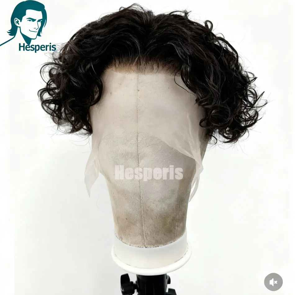 ヘスペリス フルレース ショートカール人毛メンズウィッグ グルーレス フリーパート シェービングカット レースウィッグ 男性用 ファッション ハンサムな男性用ウィッグ