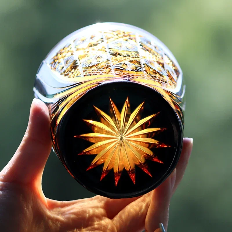 High Lead Amber Crystal Whiskey Glass, Edo Kiriko Style Hand Cut Star Chrysanthemum Pattern Old Fashioned Tumbler, Luxury Barwar