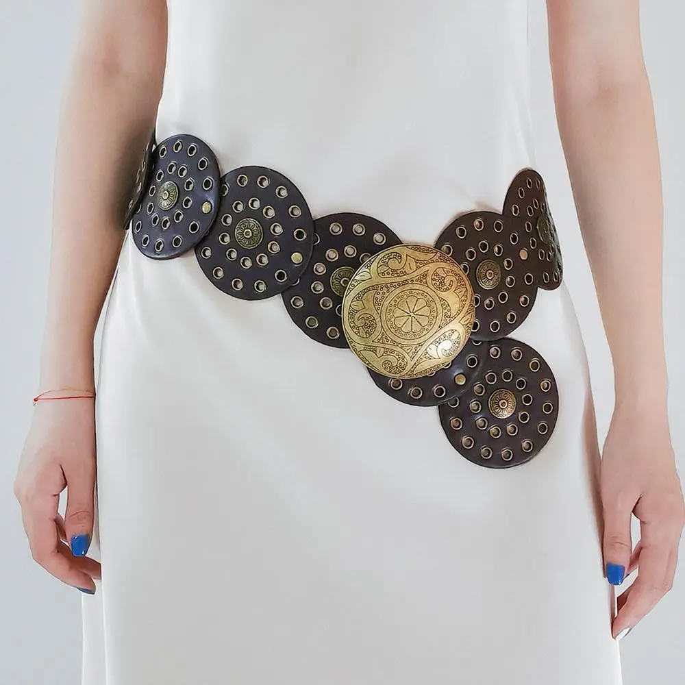 女性用の丸い透かし彫りベルト,メタルバックル,PUカウボーイ,ワイドベルト,ディスク,y2k