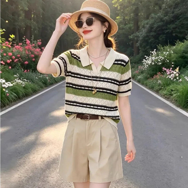 Women Clothes Summer Korean Fashion Button Striped Solid Color Polo Collar Female All-match Fashionable Appear Thin Short Sleeve