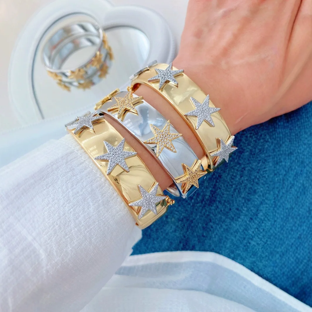 

European and American Fashion Copper Zircon Hollow Hexagonal Star Heart-shaped Bangles Jewelry for Women