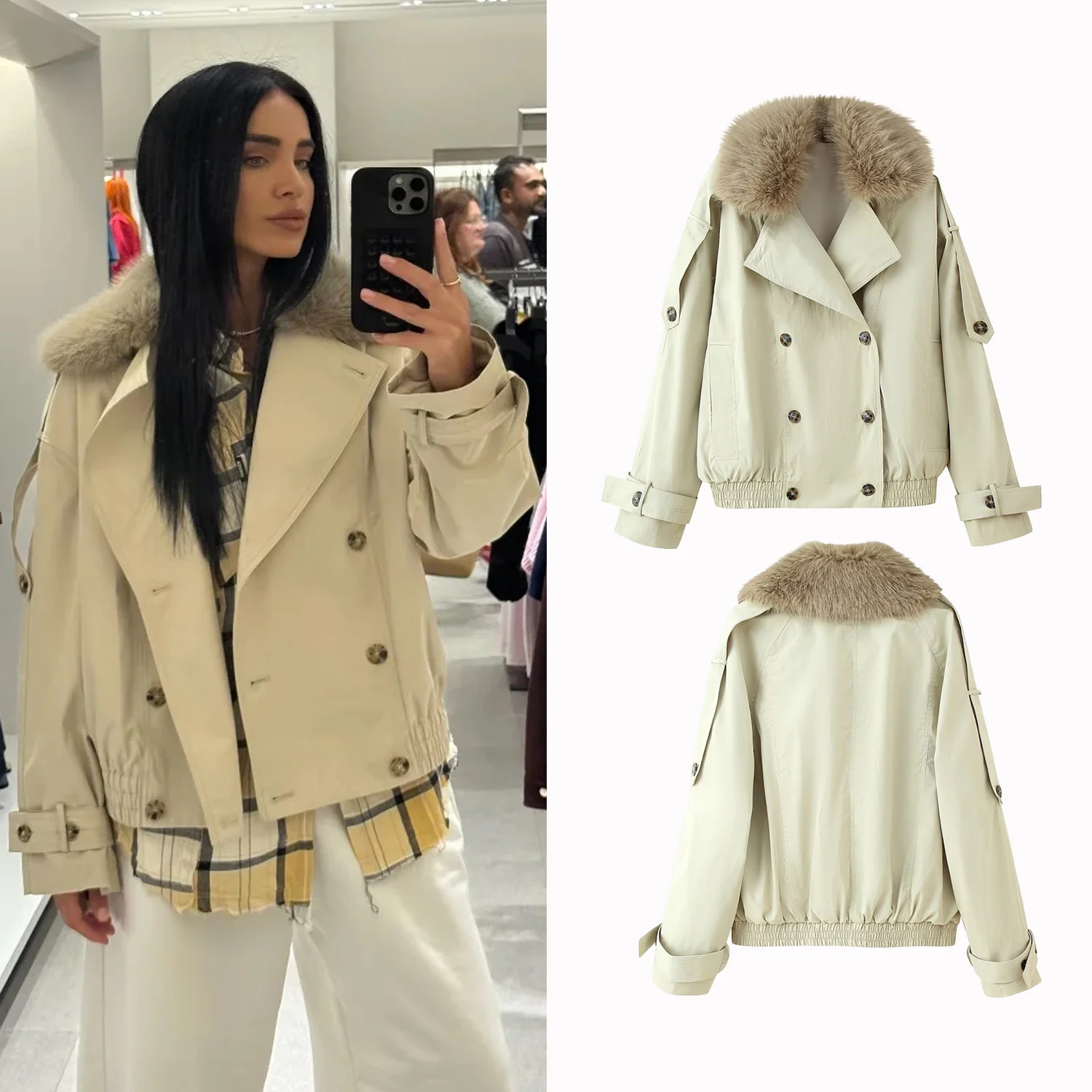

Winter Women Fur Collar Short Windbreaker Coat Women Fashion Double Breasted Pockets Jacket Autumn Daily OL Outerwear Coats