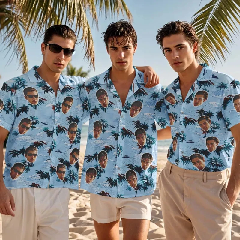 Hawaiian Shirt With Free Custom Face For Men Women Personalized Hawaii Gift For Girlfriend Boyfriend Tropical Beach Button Shirt