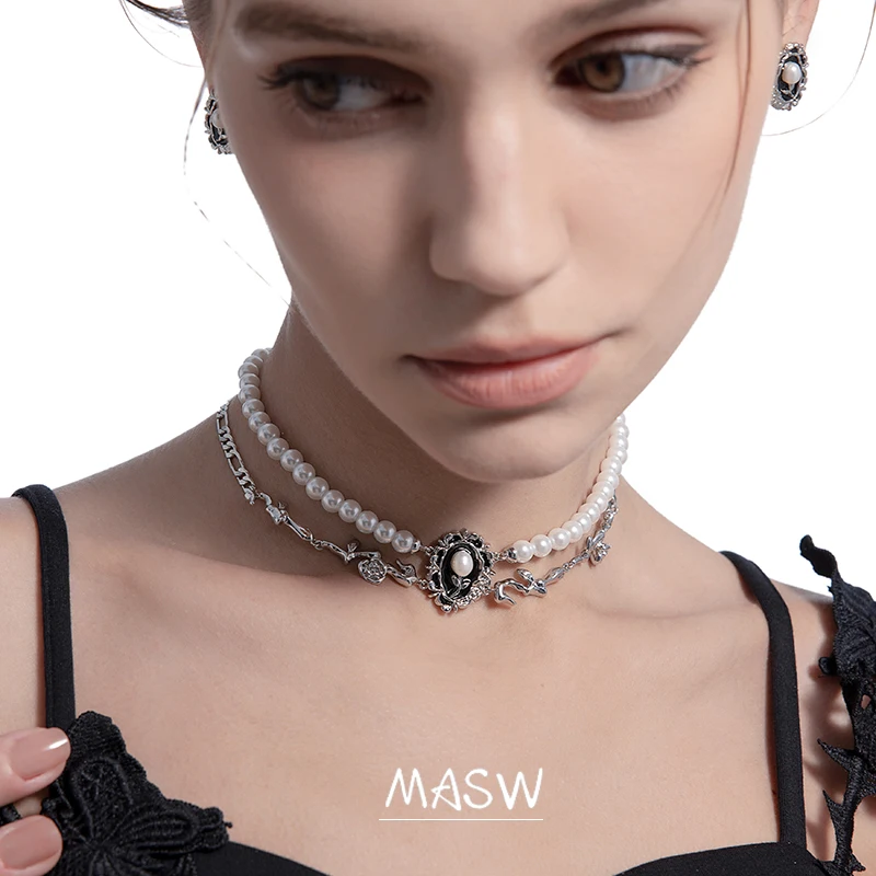 MASW Original Design Retro Jewelry Flower Black Charm Simulated Pearl Choker Necklace For Women Girl Wedding Gift Luxury Style