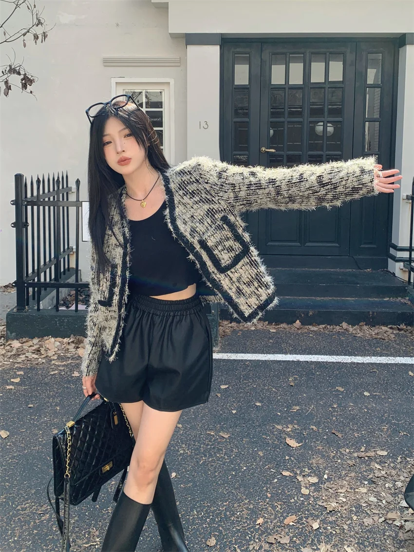 

Korean Style Plush Short Coat Elegant Women's Spring Autumn Raw Edge Vintage Jacket 2023 French Lady Single Breasted Outerwear
