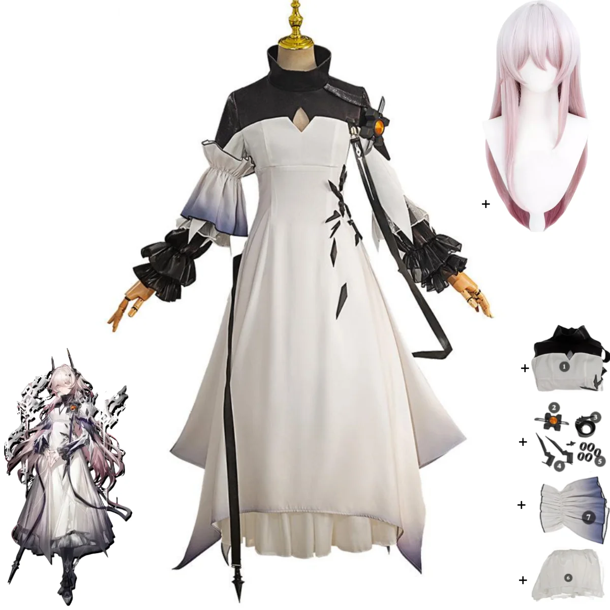 

Game Arknights Theresa Civilight Eterna Cosplay Costume Anime Sarkaz White Dress Headwear Wig Woman Halloween Christmas Suit