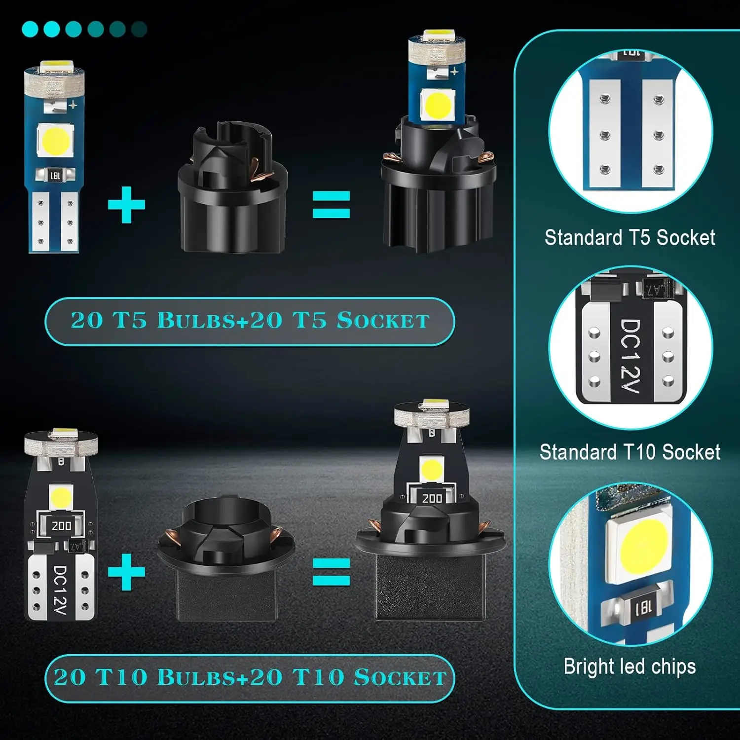40 Pieces T5 T10 LED Bulbs Dash Lights with Twist Socket Instrument Dashboard LED Bulbs for Panel Gauge Cluster Indicator