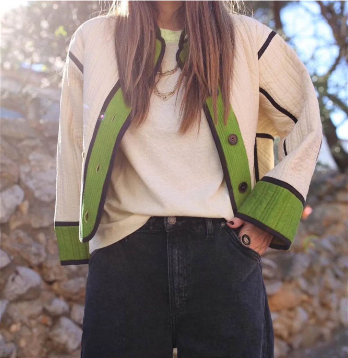 Autumn Winter Quilted Coat For Women Loose Long Sleeves Single Breasted Jacket Lady Fashion Contrast Color Coats Street Outwear