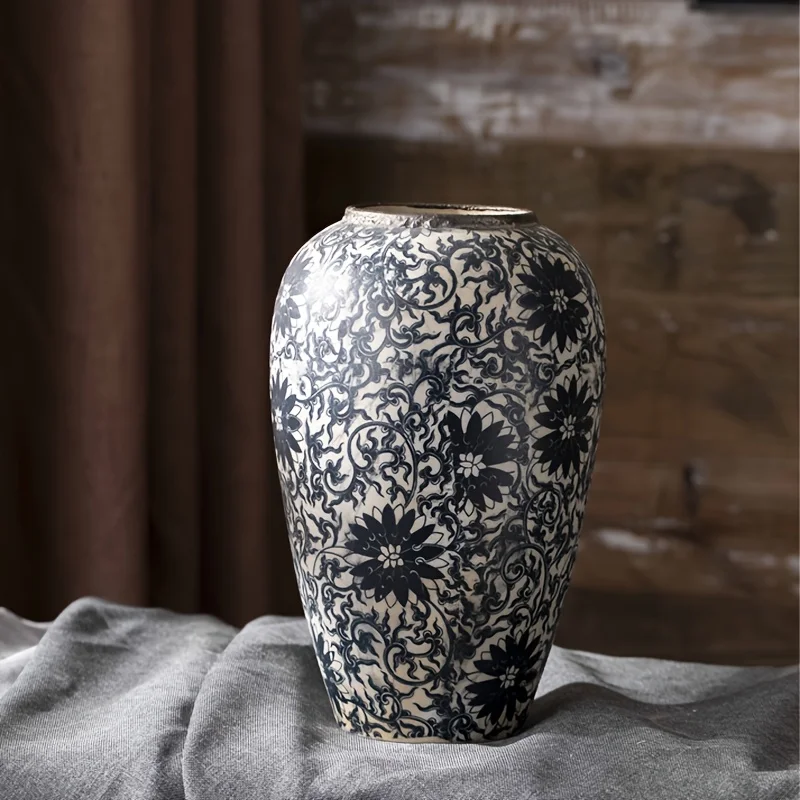 Blue White Porcelain Vintage Style Ceramic Vase, Traditional Pattern, Cylinder Bud Vase for Living Room Table and Entryway Decor