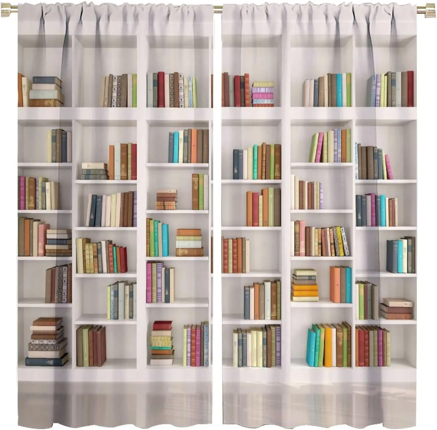 Library Bookshelf Theme Blackout Curtain, White Cartoon Simple Bookshelf Clean Style Art Bedroom Living Room Dark Curtain, Libra