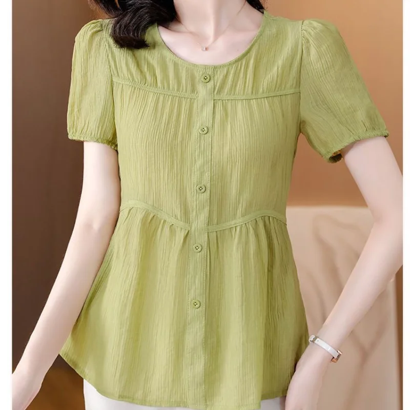 2024 Korean Commuter Summer New Women's Crew Neck Button Spliced All-match Elegant Loose Short Sleeve Casual Chiffon Tops