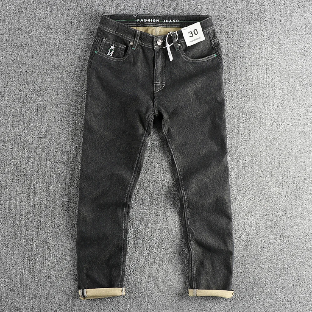 Embroidery Craft Black Wash Retro American Trend Jeans Men Slim Slim Straight Leg Four Seasons Matching Pants