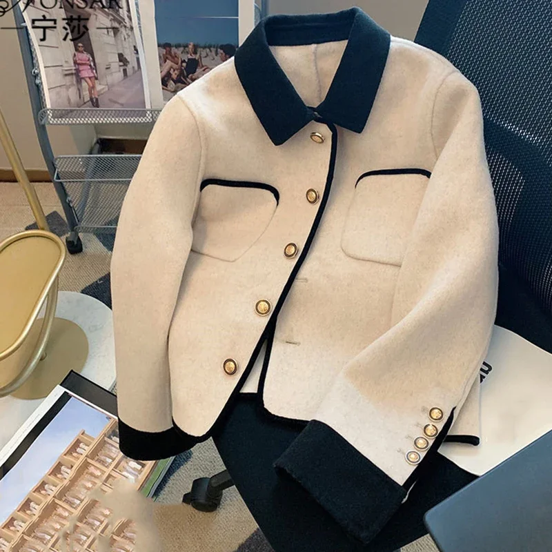 EVNISI Women Elegant Pocket Jacket  Korean Office Turn Down Collar Patchwork Tops Fashion Buttons Up Lady Casual Cardigan Coat