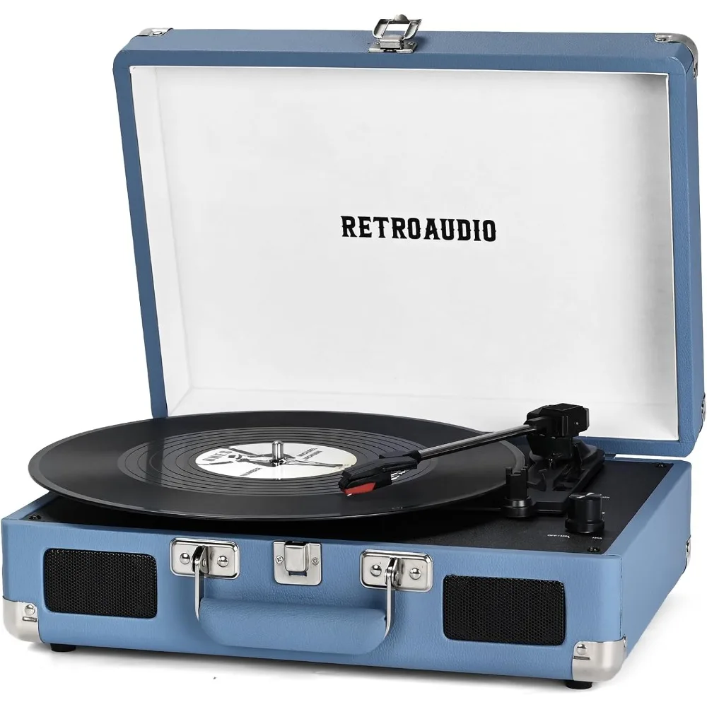 Vintage Portable Suitcase Turntable Bluetooth Record Player Built-in Speakers 3 Speed Belt Driven RCA Headphone Output