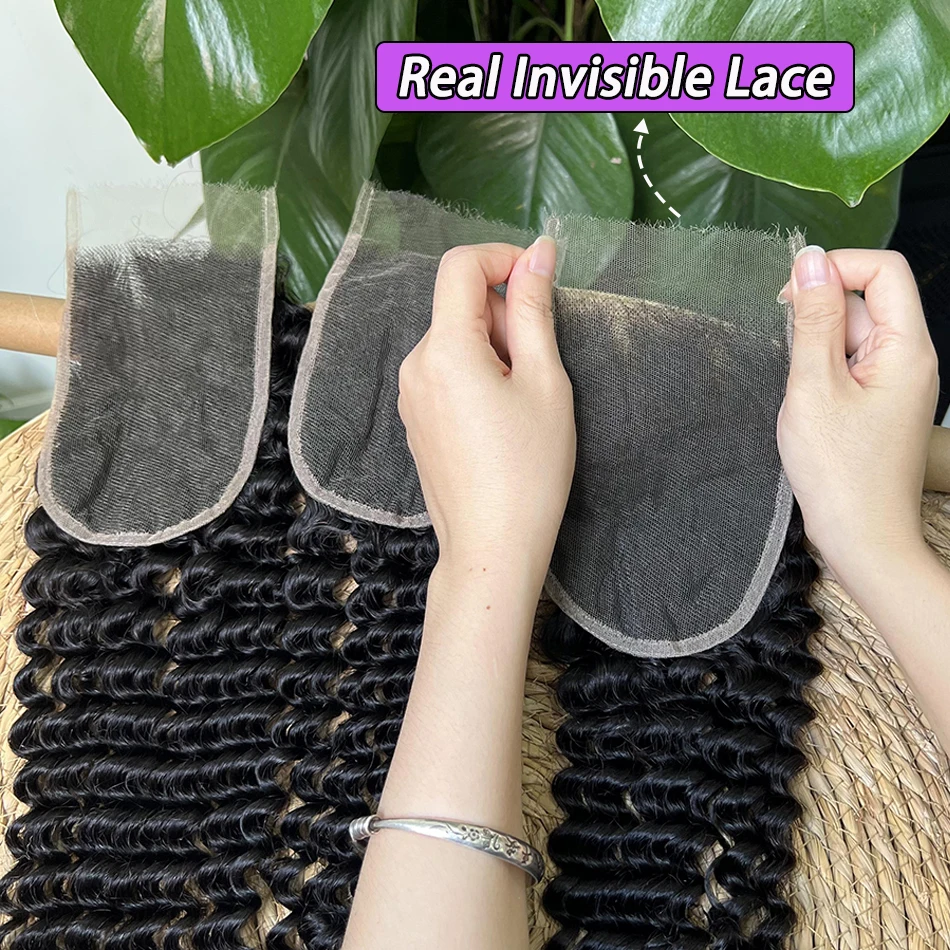 4x6 HD الدانتيل إغلاق عميق شعر بشري مجعد غير مرئية قبل قطعها ابيض عقدة الدانتيل اللون الطبيعي 100% ريال الخام شعر بشري لعذراء