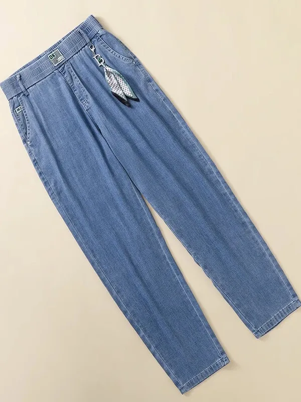 กางเกงยีนส์เอวบางยืดหยุ่นสำหรับฤดูร้อน รุ่นปี 2025 ทรงฮาร์แลน ความยาวเก้าส่วน สไตล์ลำลอง ไซส์ใหญ่ ทรงหลวม ผ้าไหมน้ำแข็ง ทรงกางเกงกะหล่ำปลี