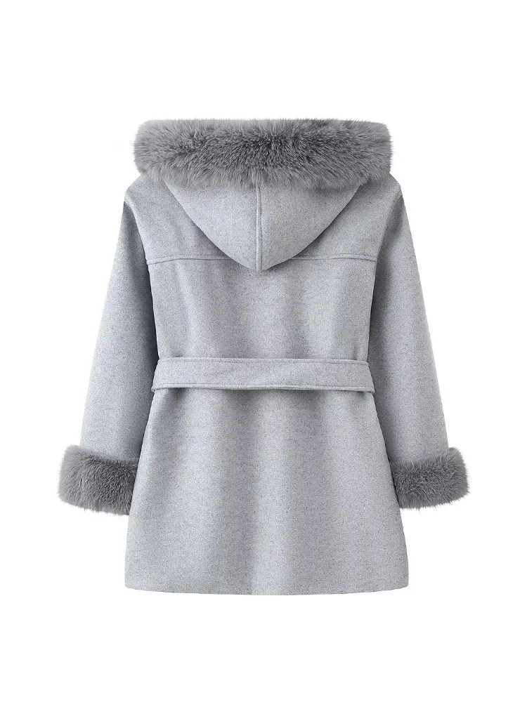 

HH Women Winter New.Fashion Coats Gray Fur Collar Long Sleeves Pockets Lace Up Decoration Female Casual Loose Short Jackets