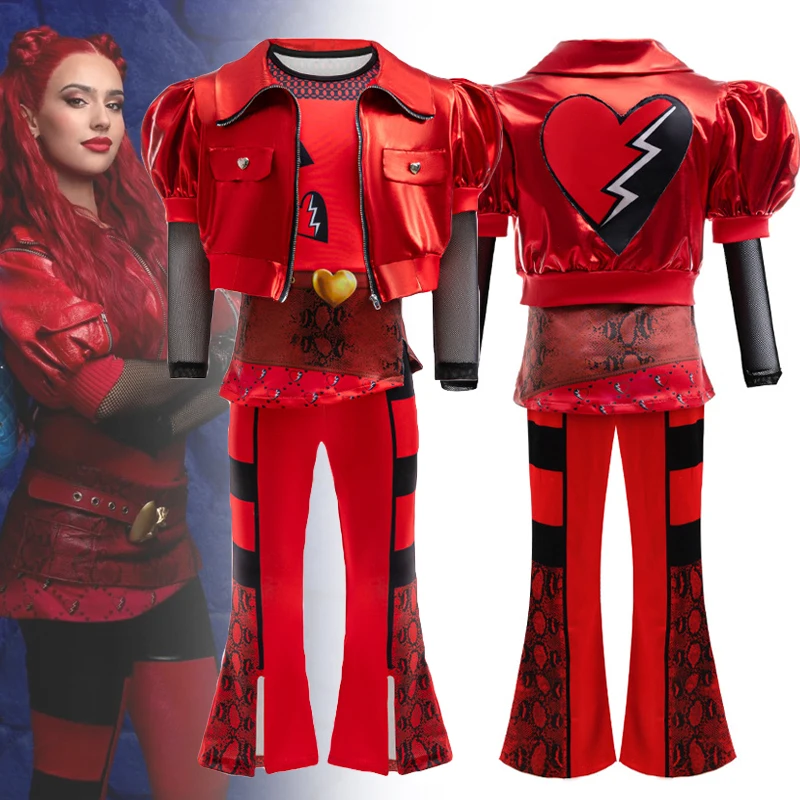 Movie Descendants: The Rise of Red Cosplay Costume Kids Girl Red Coat Top Pants Set Uniform Halloween Clothes Outfit