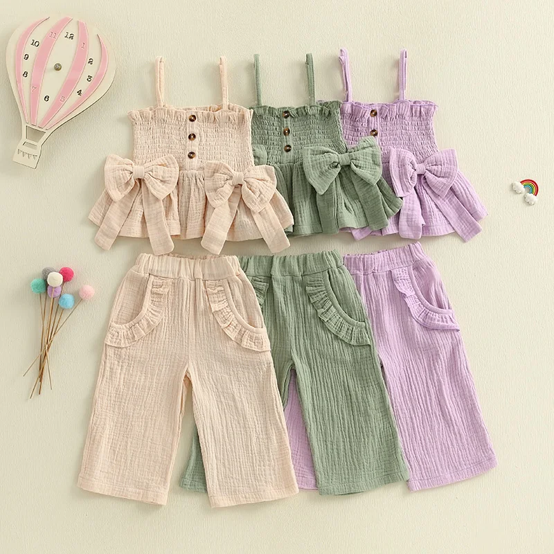 0-4Y Baby Girl 2Pcs Summer Outfits Sleeveless Shirred Cami Tops + Wide Leg Pants Set Toddler Clothes
