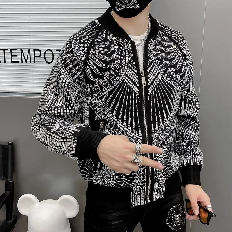 Retro European Luxury Brand Jacket Men Jaqueta Bomber Diamond Men Jacket Coat Fashion Rhinestones Punk Club Outfit Slim Jacket