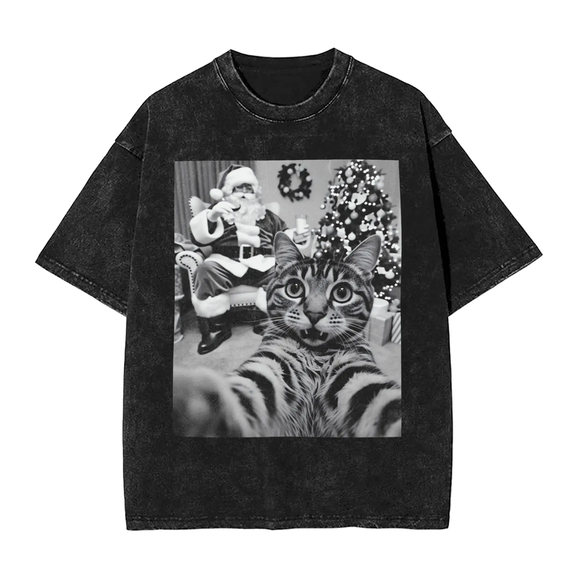

Cat Selfie with Santa Washed T Shirt Couple Awesome Casual T-Shirts Summer Breathable Hippie Tees Custom DIY Oversized Tops